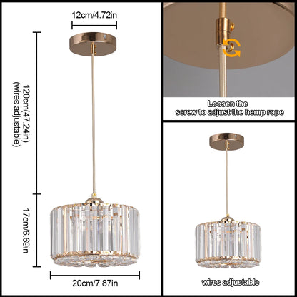 Modern LED crystal pendant light with cool LED lighting, featured in a minimalist interior.