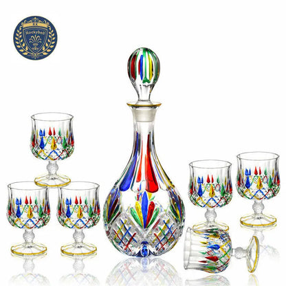 Colorful Wine Decanter & Patterned Glass Set