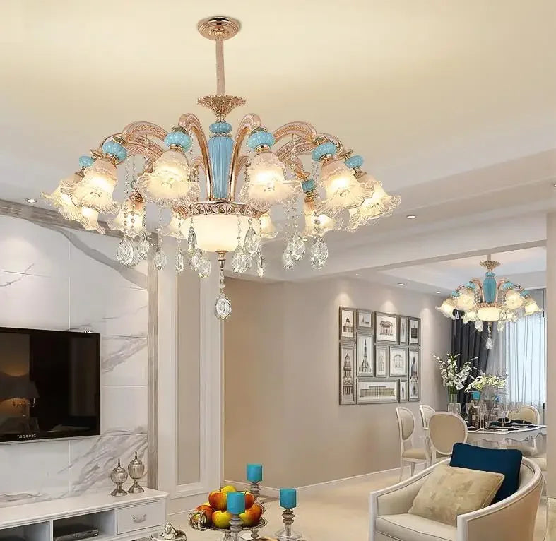 Frosted White Glass Tiffany Blue Floral Chandelier