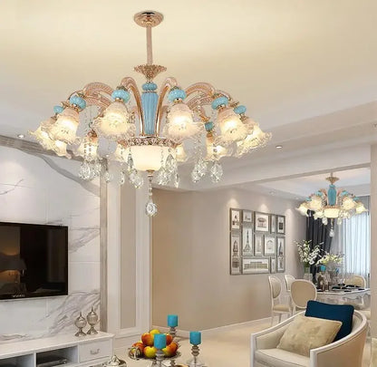 Frosted White Glass Tiffany Blue Floral Chandelier