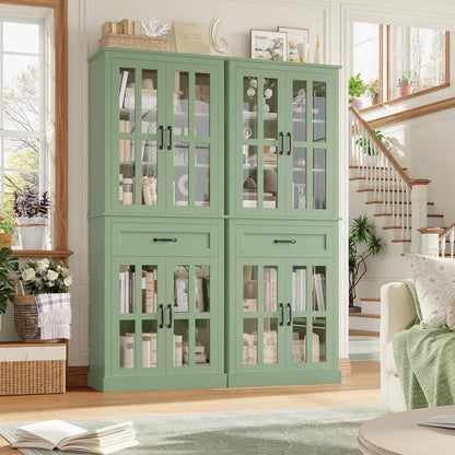 Chic Glass Door Wooden Tall Storage Cabinet with Drawer – 71” Green Bookcase showcasing dishes and decor, serving as a versatile glass door storage cabinet.