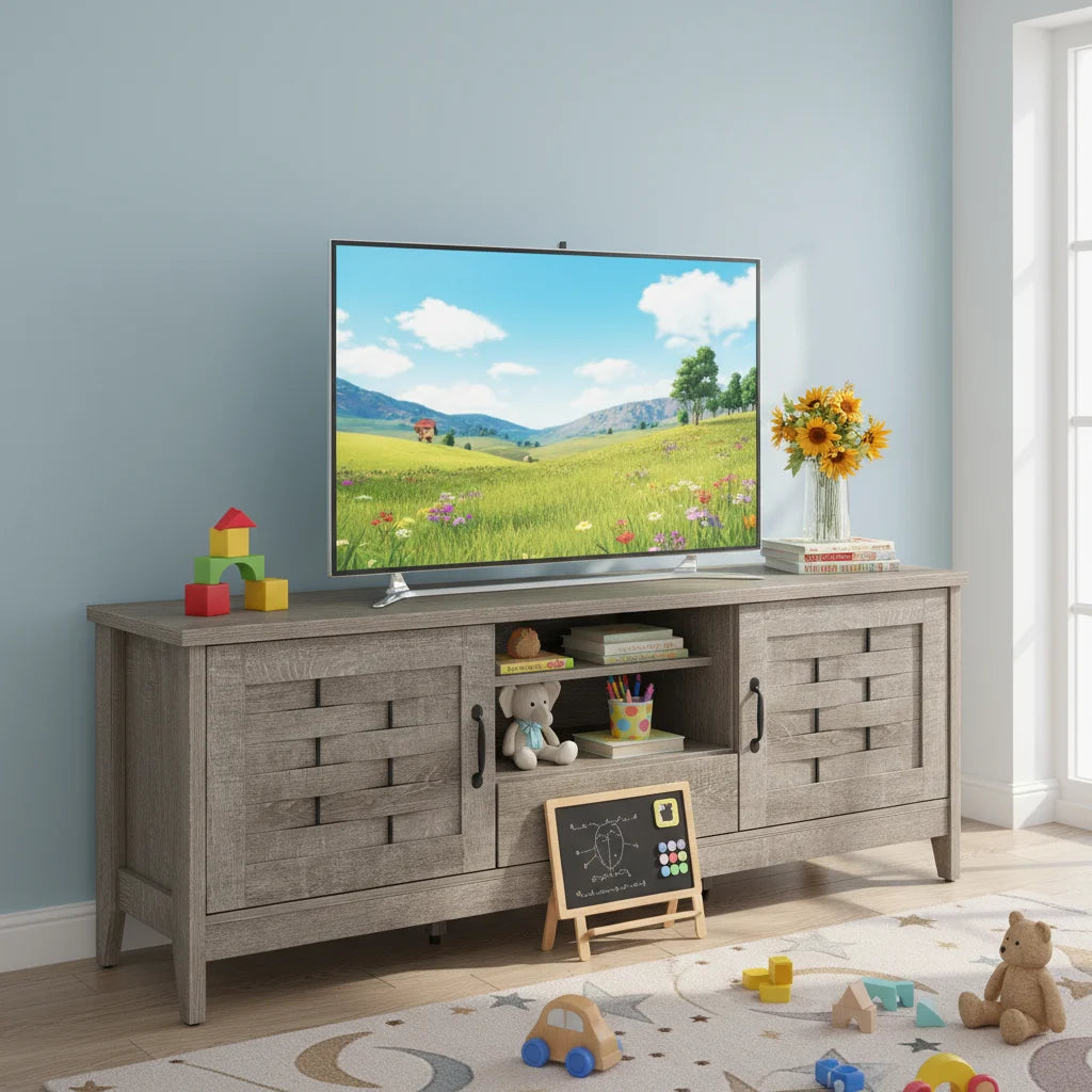 Rustic Oak finish of the Rustic Farmhouse TV Stand enhancing homely decor.