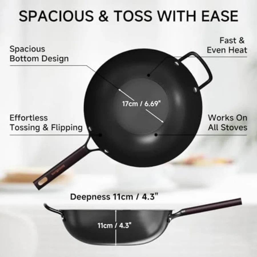 The 13.5-Inch Pre-Seasoned Carbon Steel Wok with Lid displayed on a cooktop, ready for cooking.