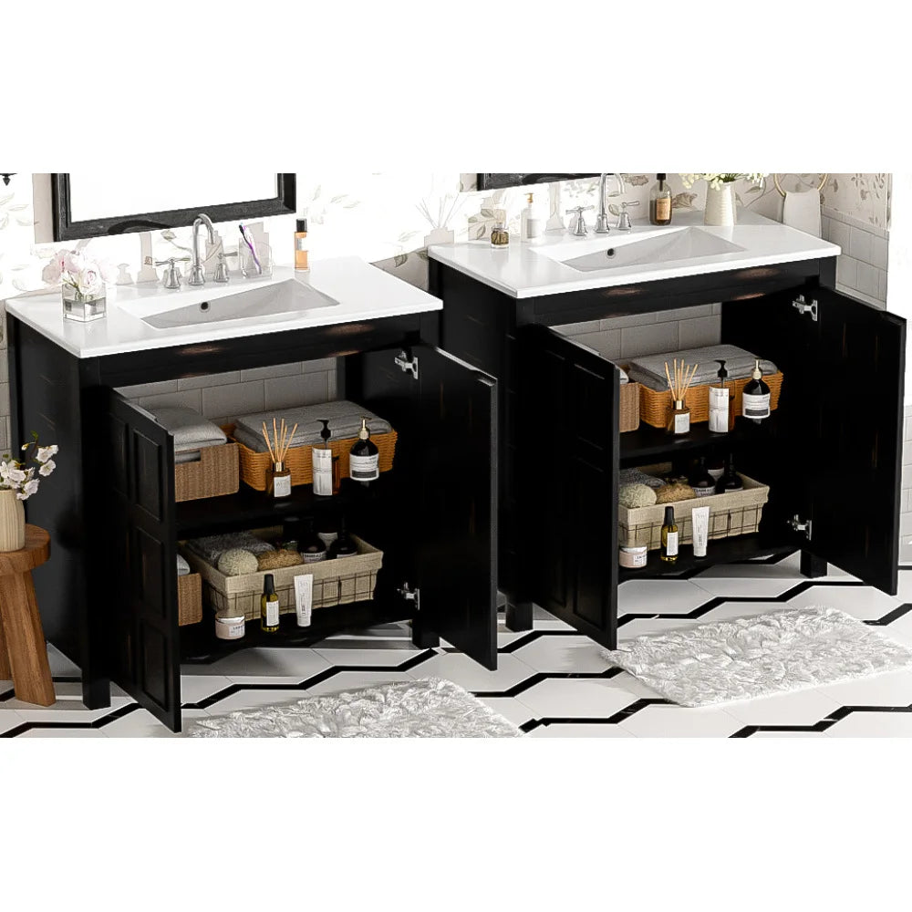 Classic Retro 72" Double Bathroom Vanity w/Double Ceramic Sinks