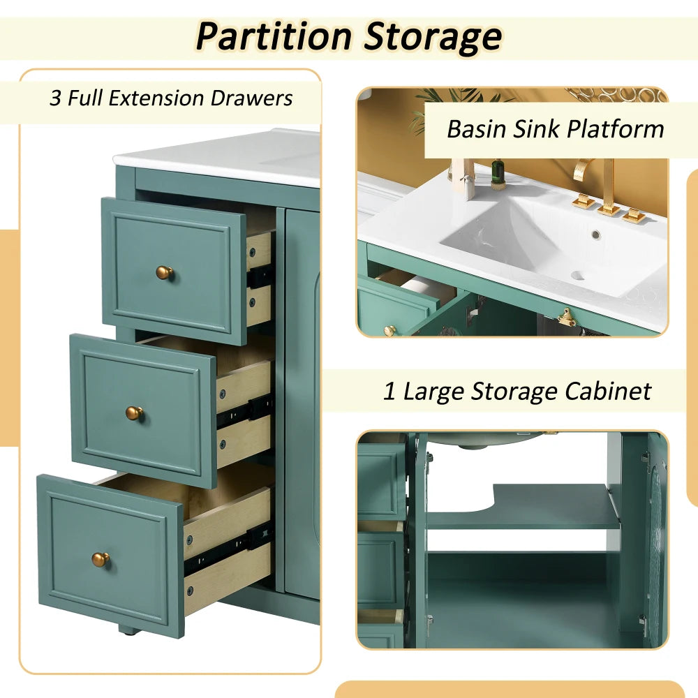 Modern 36" Double Glass Door Bathroom Cabinet w/Undermount Ceramic Sink