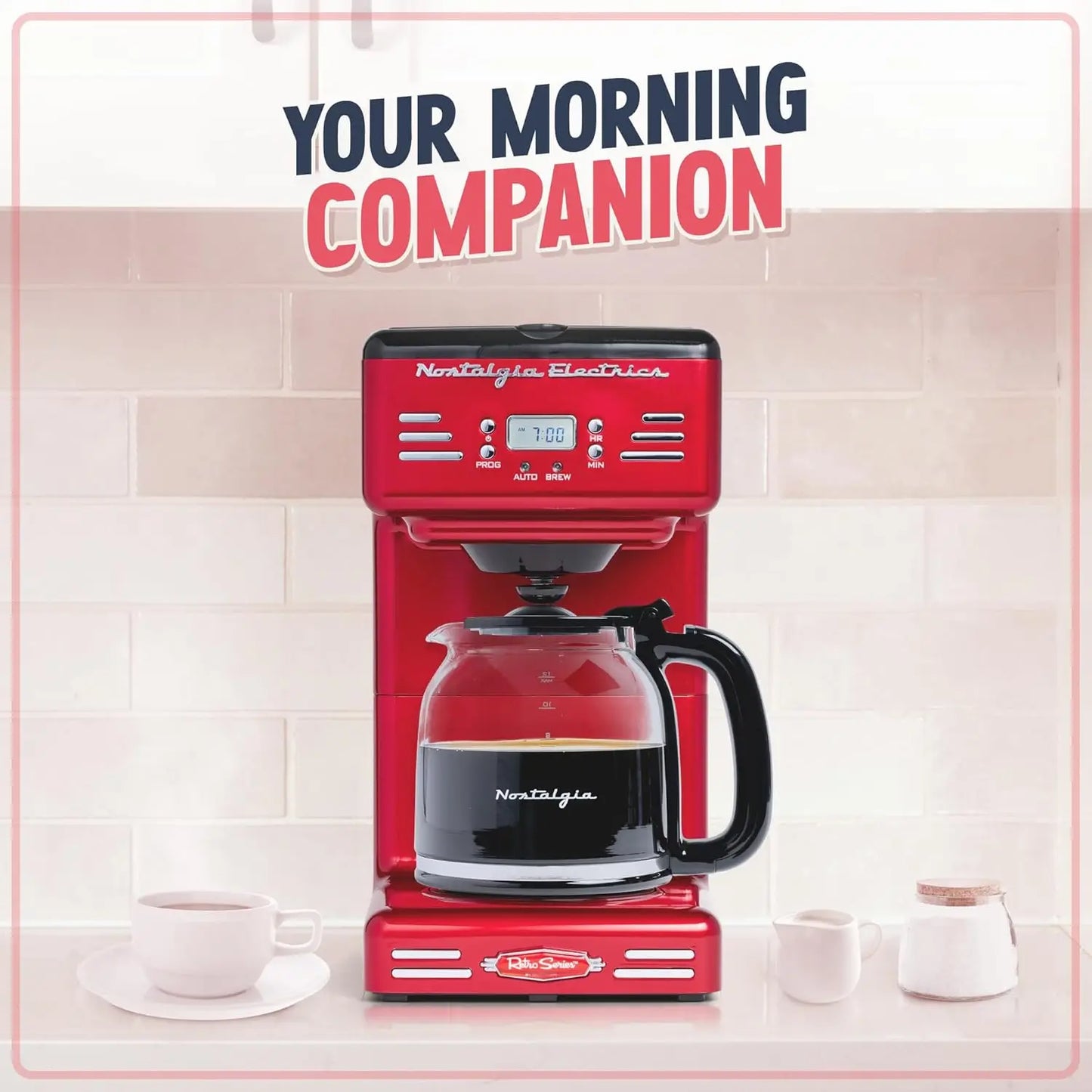 Red Retro 12-Cup Programmable Coffee Maker in a kitchen setting, perfect for adding charm while brewing coffee.