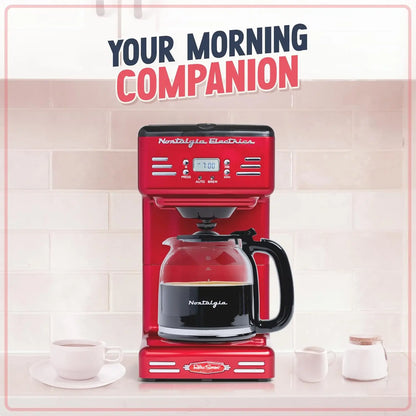 Red Retro 12-Cup Programmable Coffee Maker in a kitchen setting, perfect for adding charm while brewing coffee.