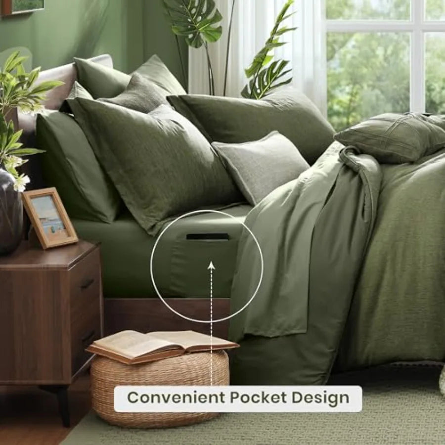 A cozy, modern bedroom featuring the olive green 7 piece bed in a bag set paired with neutral decor for an earthy aesthetic.