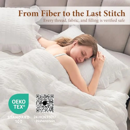 The White Ruffle Comforter Set displayed with matching pillow shams, ideal for a contemporary decor refresh.