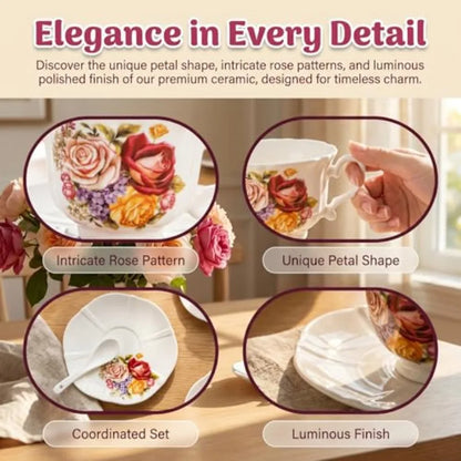 Artistic display of the Vintage Floral Tea Cup Set of 6, showcasing each 8oz ivory ceramic cup and its unique rose pattern.