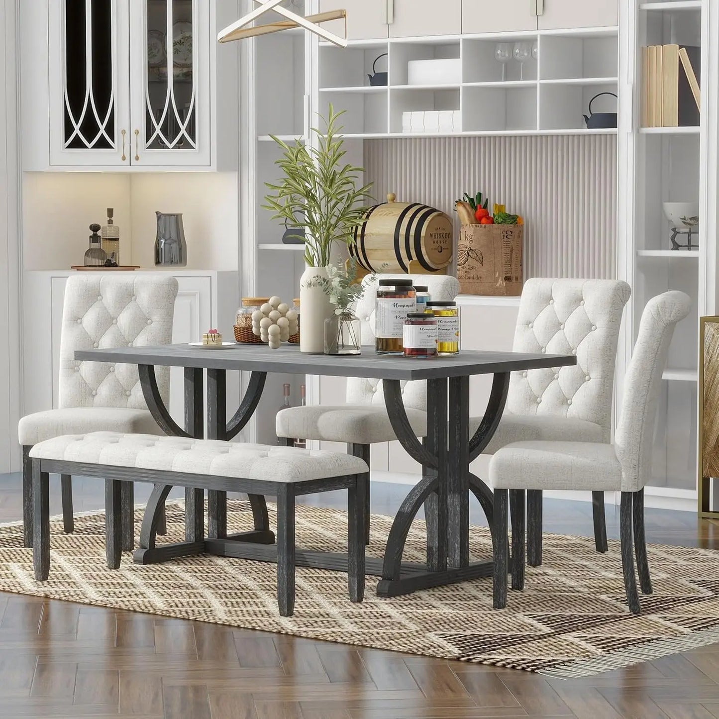 Elegant dining scene featuring the Retro 6-Piece Wood Dining Table Set for 6 with plush chairs and a natural finish.