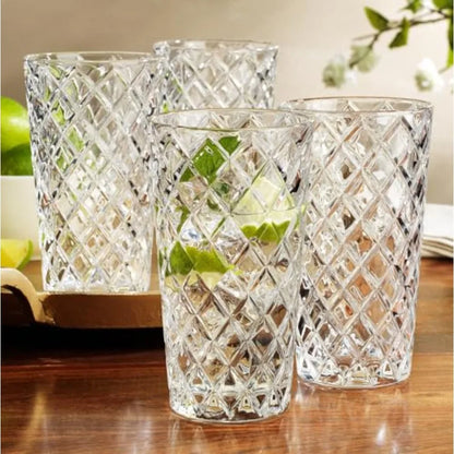 Luxury Diamond Cut Highball Glasses Set - 14oz elegant tall drinkware for cocktails, showcasing beautifully cut designs.