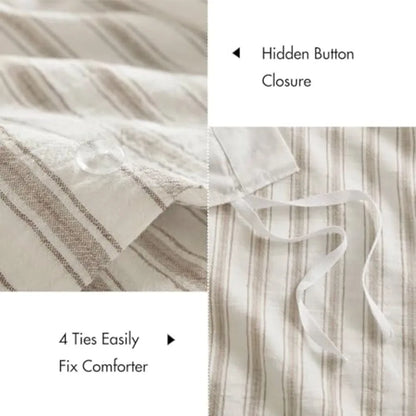 The Luxury Linen Blend Striped Duvet Cover Set displayed on a California King bed, demonstrating luxury bedding that suits all seasons.