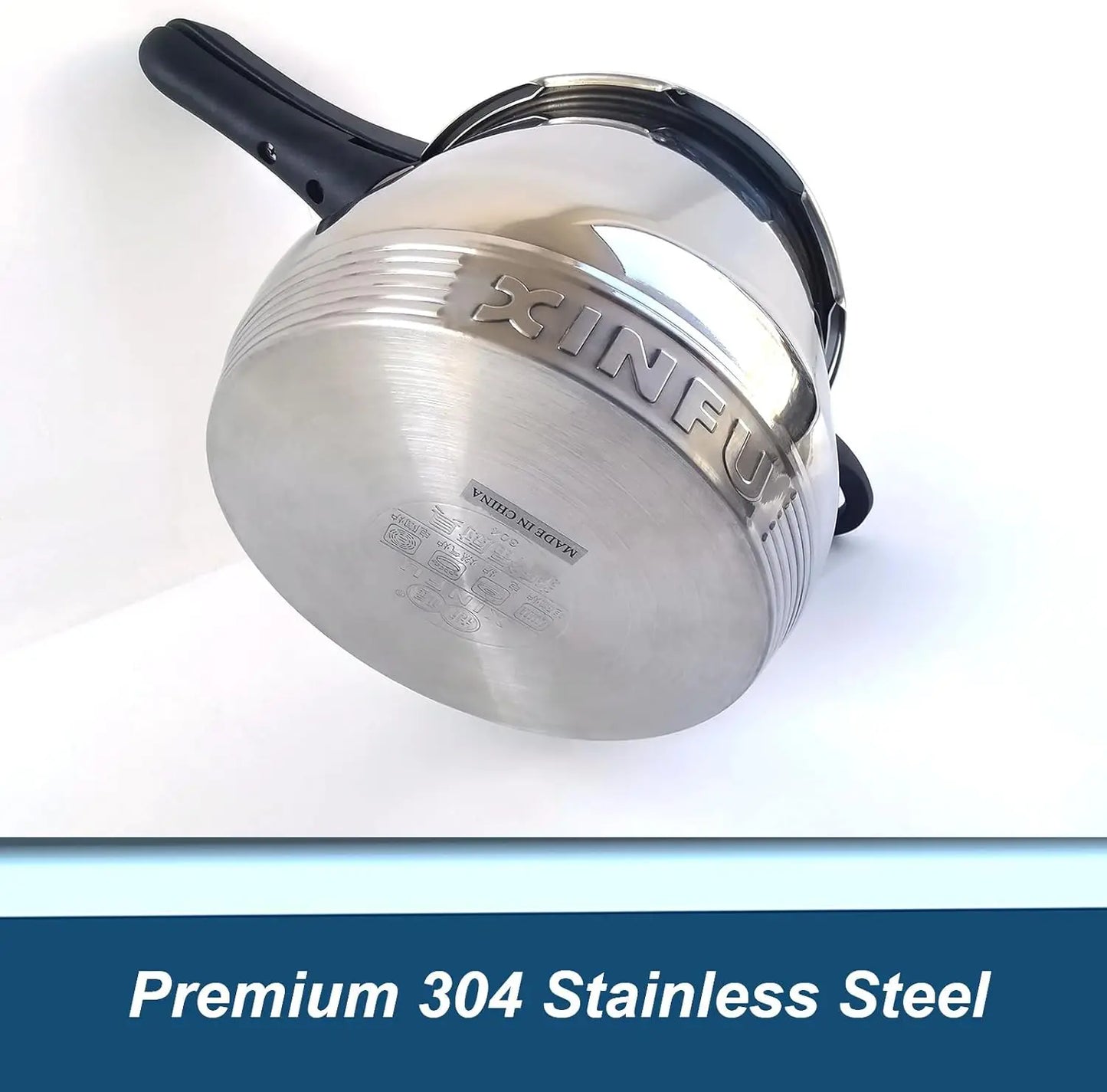 Heavy Duty 304 Stainless Steel 8.5 Quart Pressure Cooker ~ Serves 6-8 — close-up of glossy 304 stainless steel lid and body