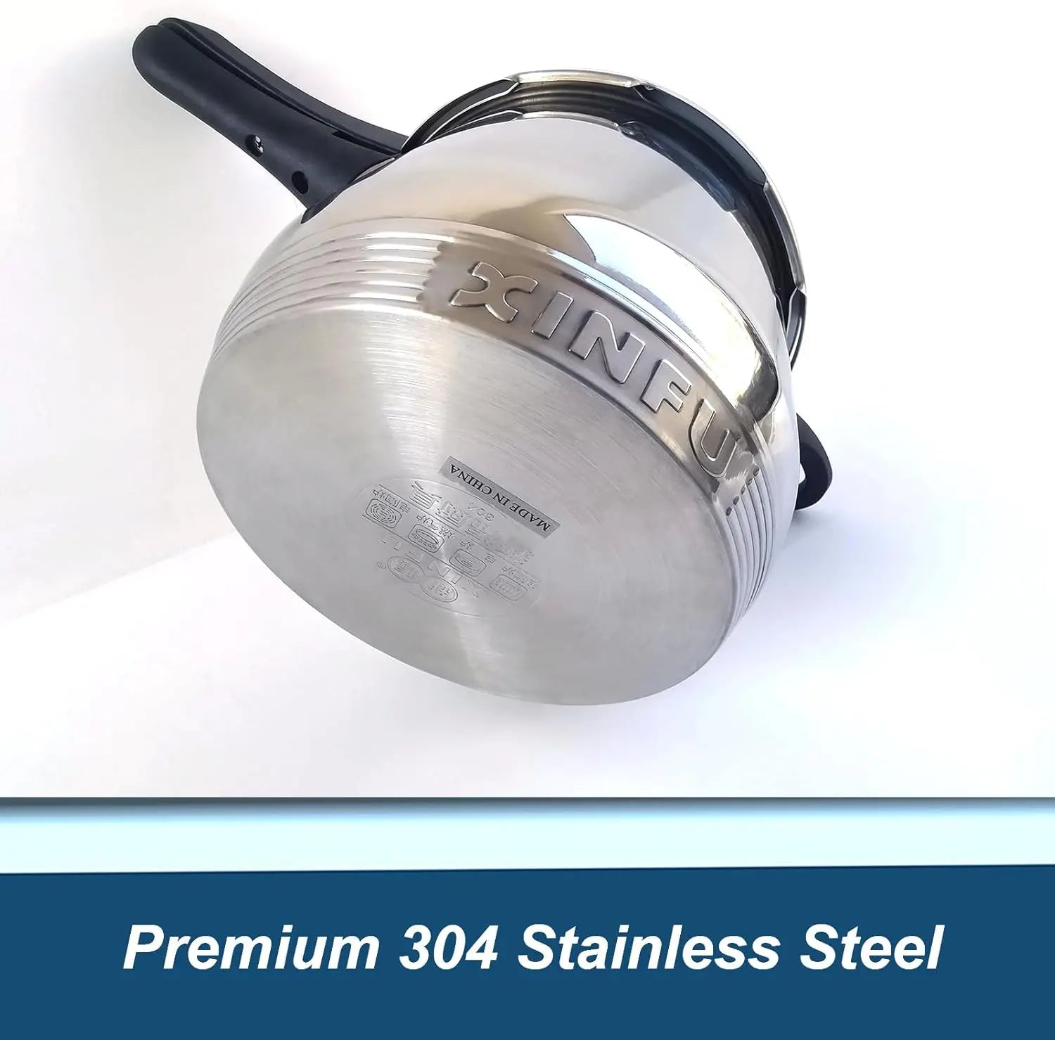 Heavy Duty 304 Stainless Steel 8.5 Quart Pressure Cooker ~ Serves 6-8 — close-up of glossy 304 stainless steel lid and body