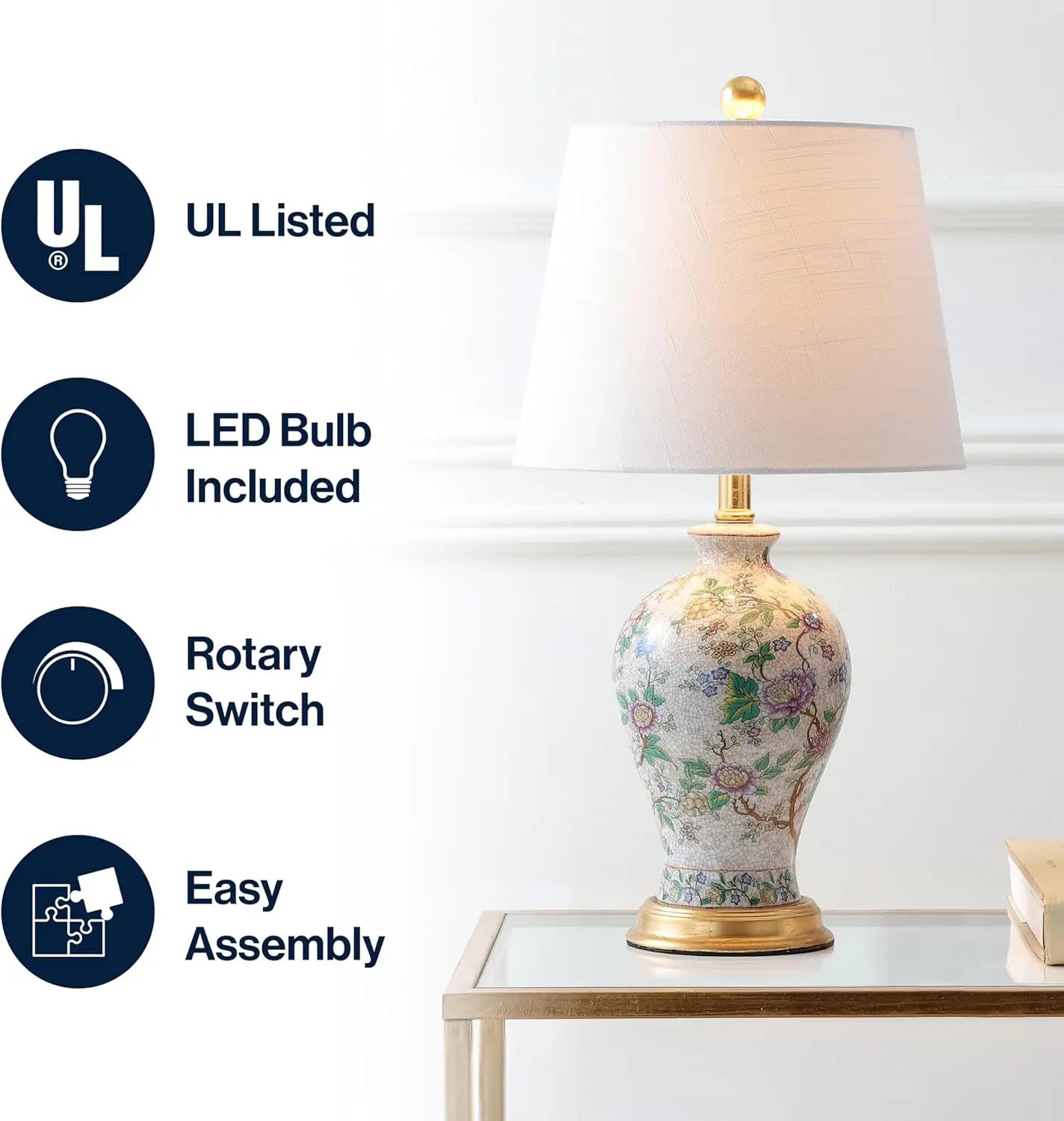 Elegant 24" Multicolor Ceramic Floral LED Table Lamp with Golden Base placed on a nightstand, ideal as a chic multicolor table lamp for your bedroom.