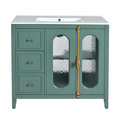 Modern 36" Double Glass Door Bathroom Cabinet w/Undermount Ceramic Sink