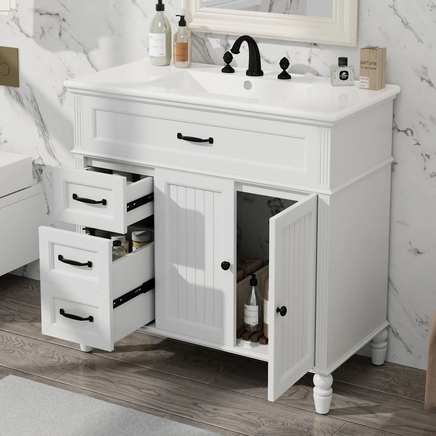 Freestanding 36" White Bathroom Vanity w/Ceramic Sink