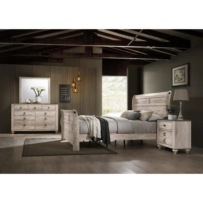 Contemporary 5-Piece White Wash Queen Bedroom Set, showcasing the elegant sleigh bed and stylish bun feet.