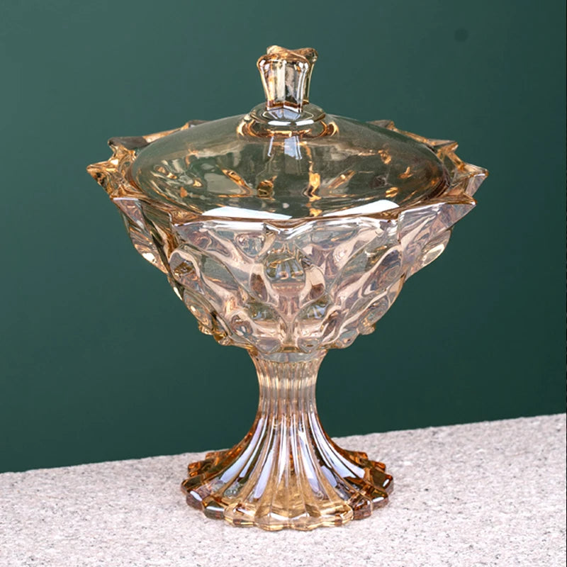 Elegant Crystal Glass Candy Jar serving snacks - showcases the versatile use of an elegant crystal candy jar.