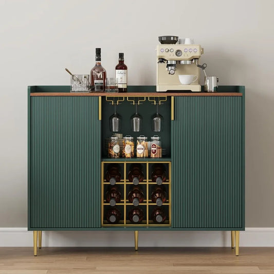 Modern Green Wine Bar Cabinet w/Fluted Texture