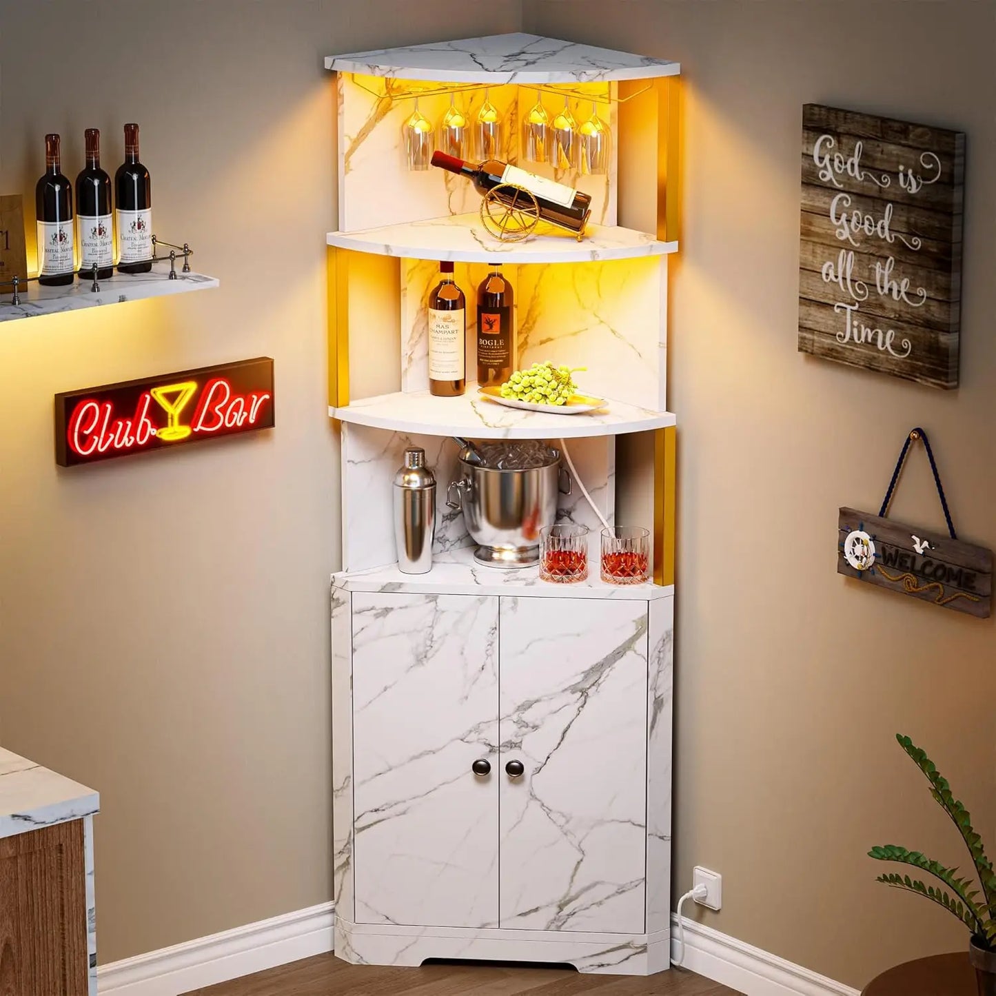 Organized storage options in the Corner Bar Cabinet, showcasing wine glass racks and bottle storage.