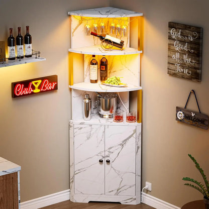 Organized storage options in the Corner Bar Cabinet, showcasing wine glass racks and bottle storage.