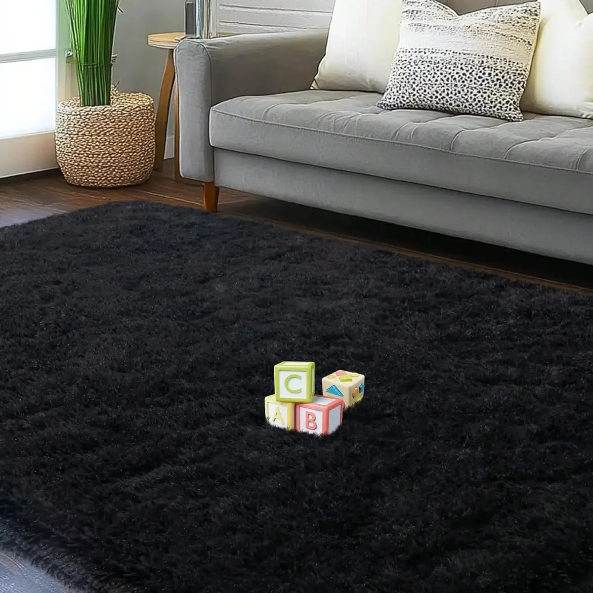 Fluffy Shag Area Rug beautifully layered under a cream sofa, adding warmth to the décor.