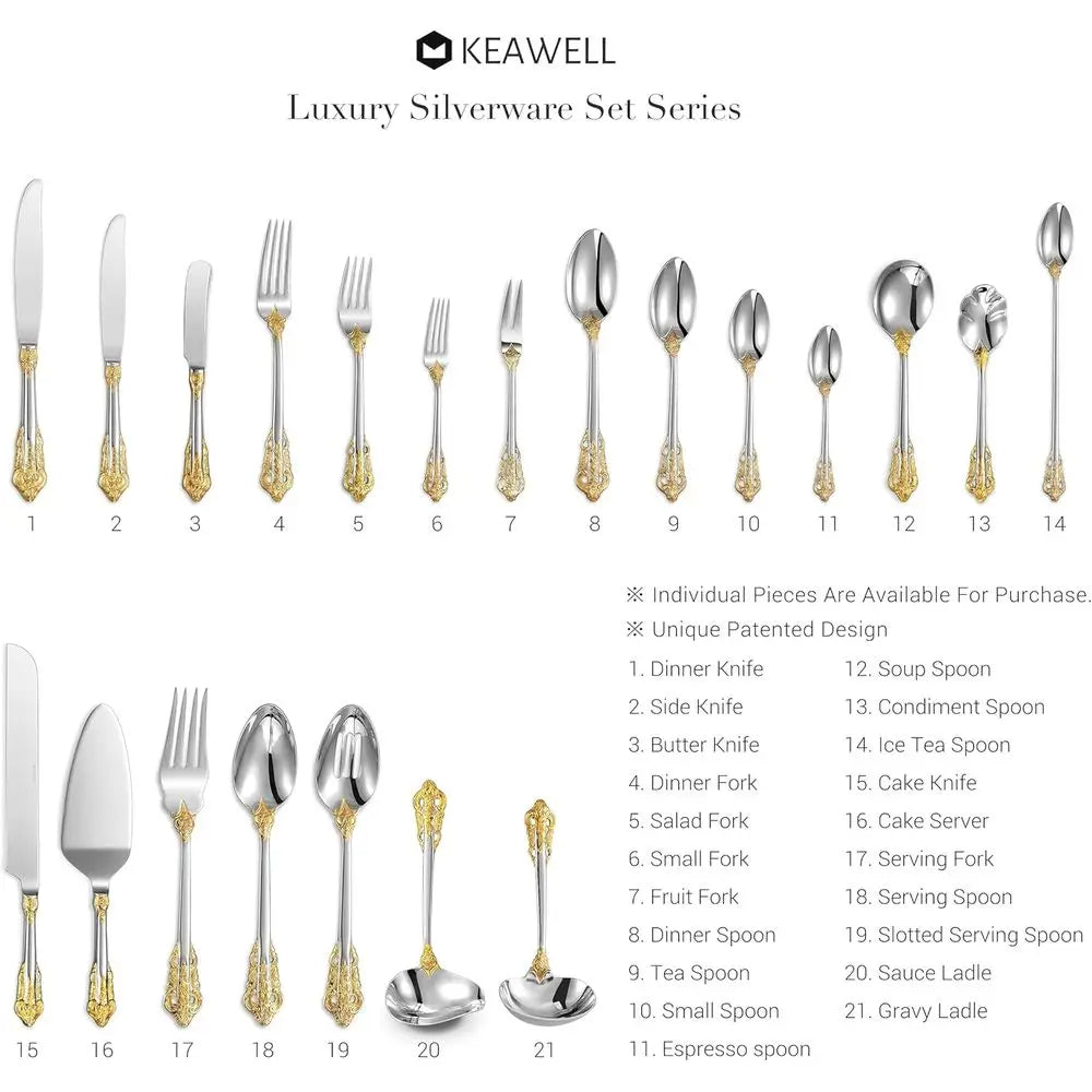 Stylish presentation of the complete 40-piece Everly Quinn Luxury Gold Accent Flatware Set, ideal for hosting elegant dinner parties.