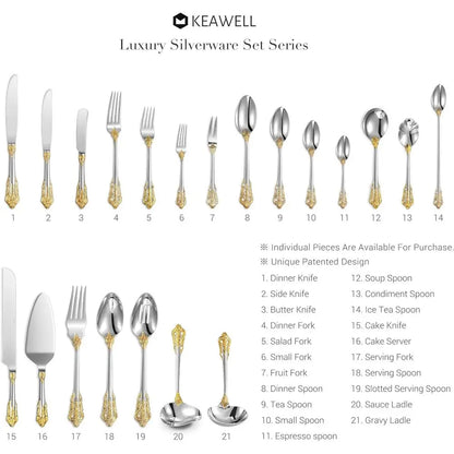 Stylish presentation of the complete 40-piece Everly Quinn Luxury Gold Accent Flatware Set, ideal for hosting elegant dinner parties.