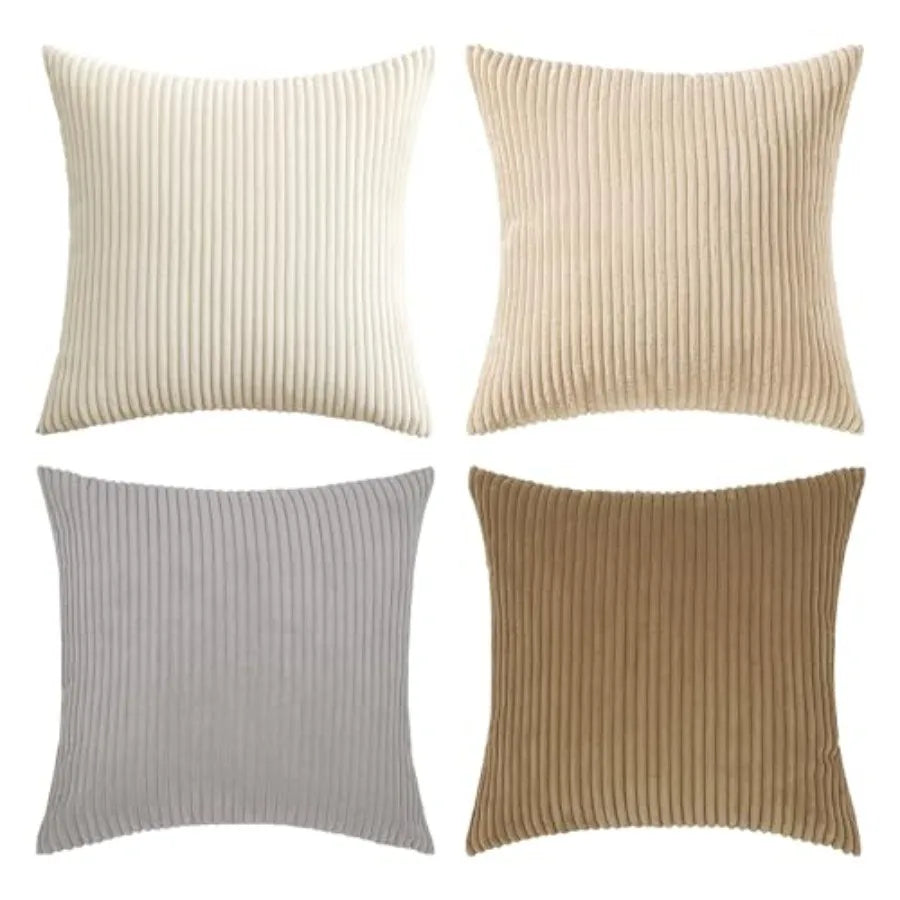 Four ribbed knit pillow covers in beige, brown, gray, and beige on a white background.