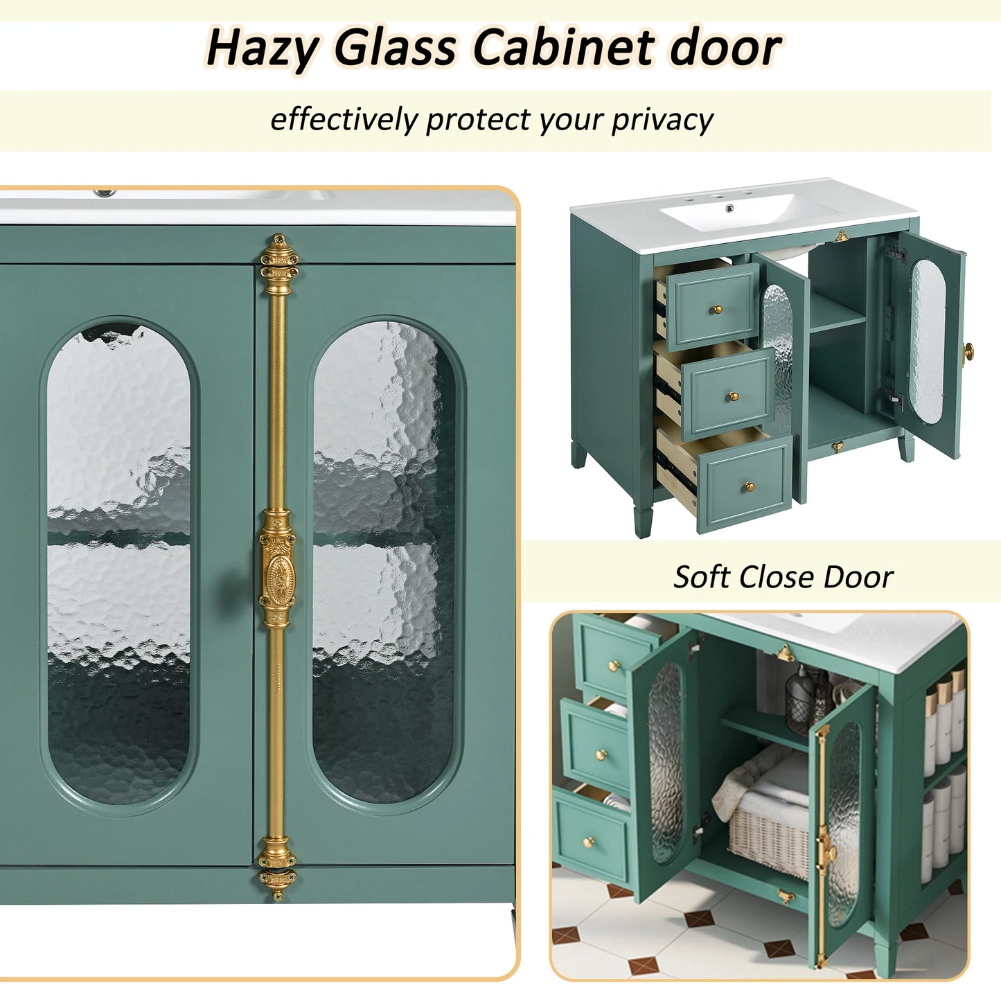 Modern 36" Double Glass Door Bathroom Cabinet w/Undermount Ceramic Sink