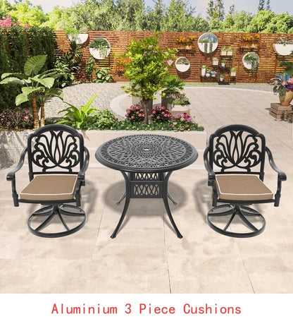   3 or 5-Piece All-Weather Black Cast Aluminum Patio Set w/Swivel Chairs & Cushions