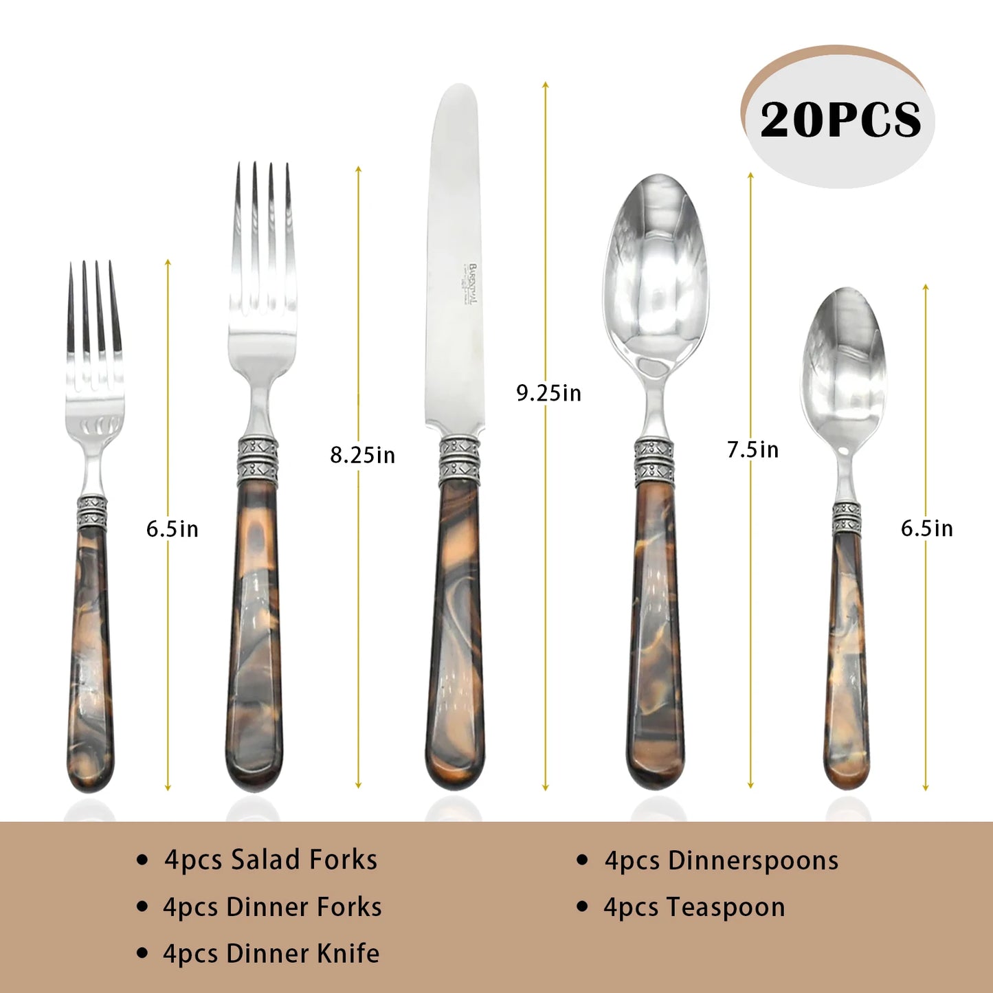 20-Piece Tortoise Shell Stainless Steel Flatware Set with polished stainless steel tortoise shell flatware utensils