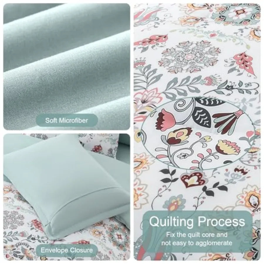 Overview of the complete Boho Floral Comforter Set, including comforter, pillowcases, and sheets laid out beautifully.
