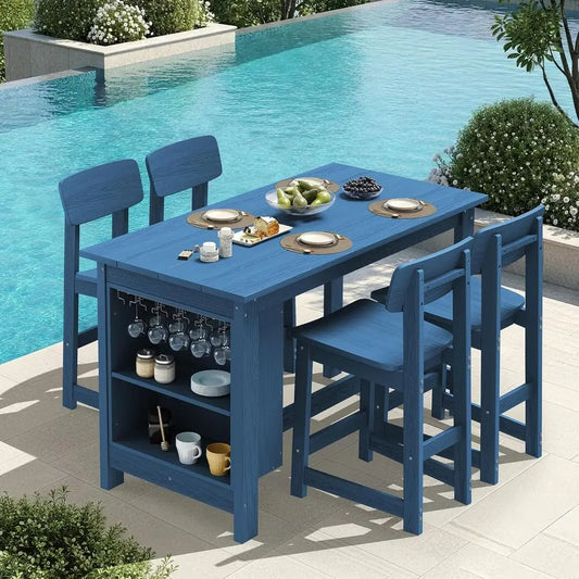 Blue outdoor dining set with table and chairs by a pool