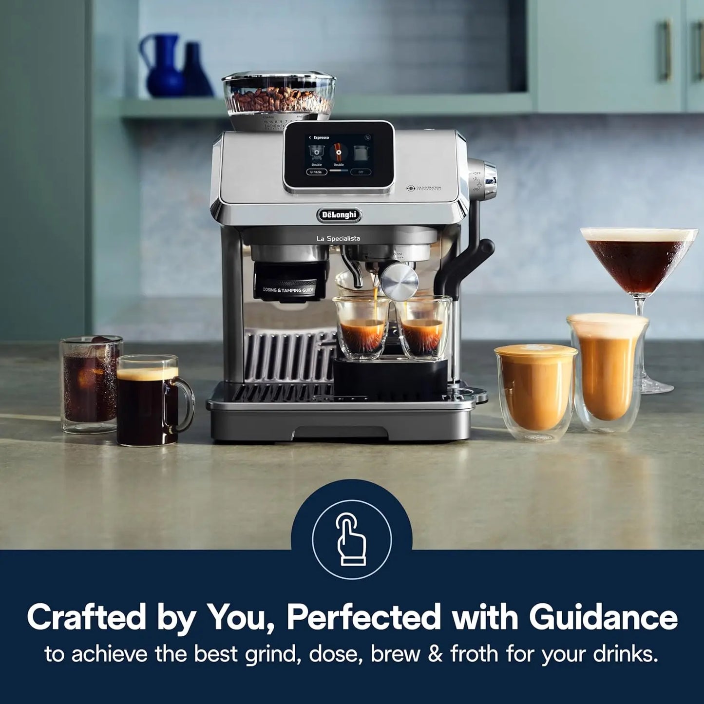 Close-up of De'Longhi La Specialista Touch Espresso Machine featuring a built-in grinder and touchscreen interface.