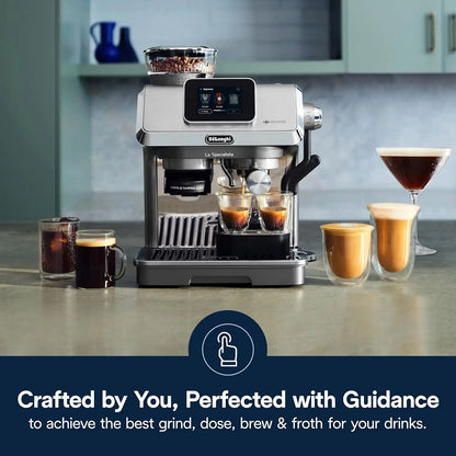 Close-up of De'Longhi La Specialista Touch Espresso Machine featuring a built-in grinder and touchscreen interface.