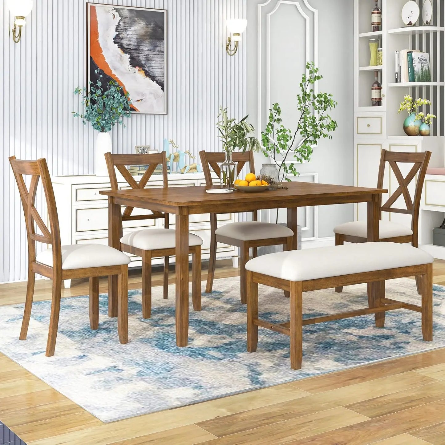 A cozy home dining area featuring the Retro 6-Piece Wood Dining Table Set for 6, showcasing its versatility.
