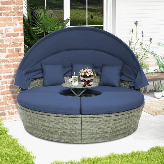 Round Wicker Patio Daybed w/Retractable Canopy