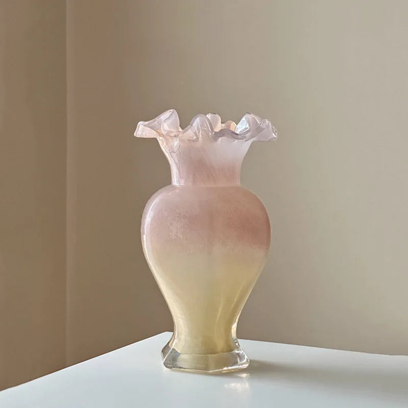The Vintage 24Cm Opalescent Ruffled Edged Fenton Glass Vase adding vintage elegance to a cozy home.