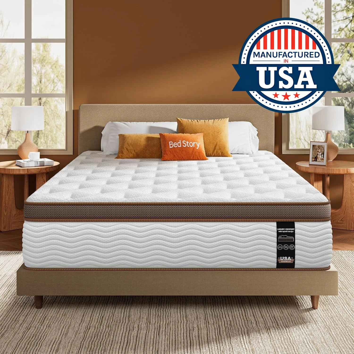 Comfortable bedroom scene with BedStory Firm Hybrid Mattress, emphasizing its orthopedic support and cooling features.