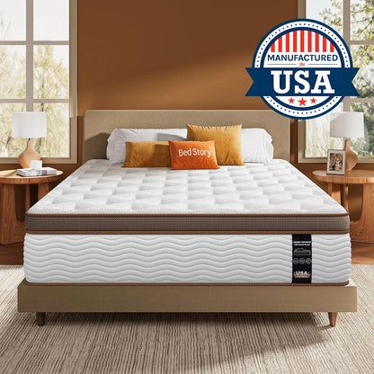 Comfortable bedroom scene with BedStory Firm Hybrid Mattress, emphasizing its orthopedic support and cooling features.