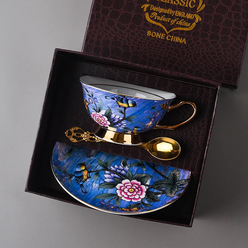 European Bird Pattern Afternoon Tea Cup & Saucer Sets w/Spoons