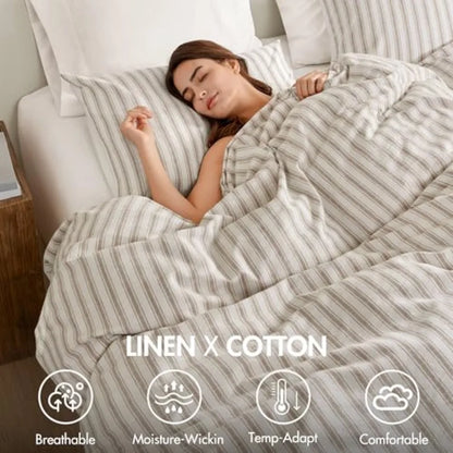 Detailed view of the button closure and corner ties of the Luxury Linen Blend Striped Duvet Cover Set, highlighting secure design features for a polished look.