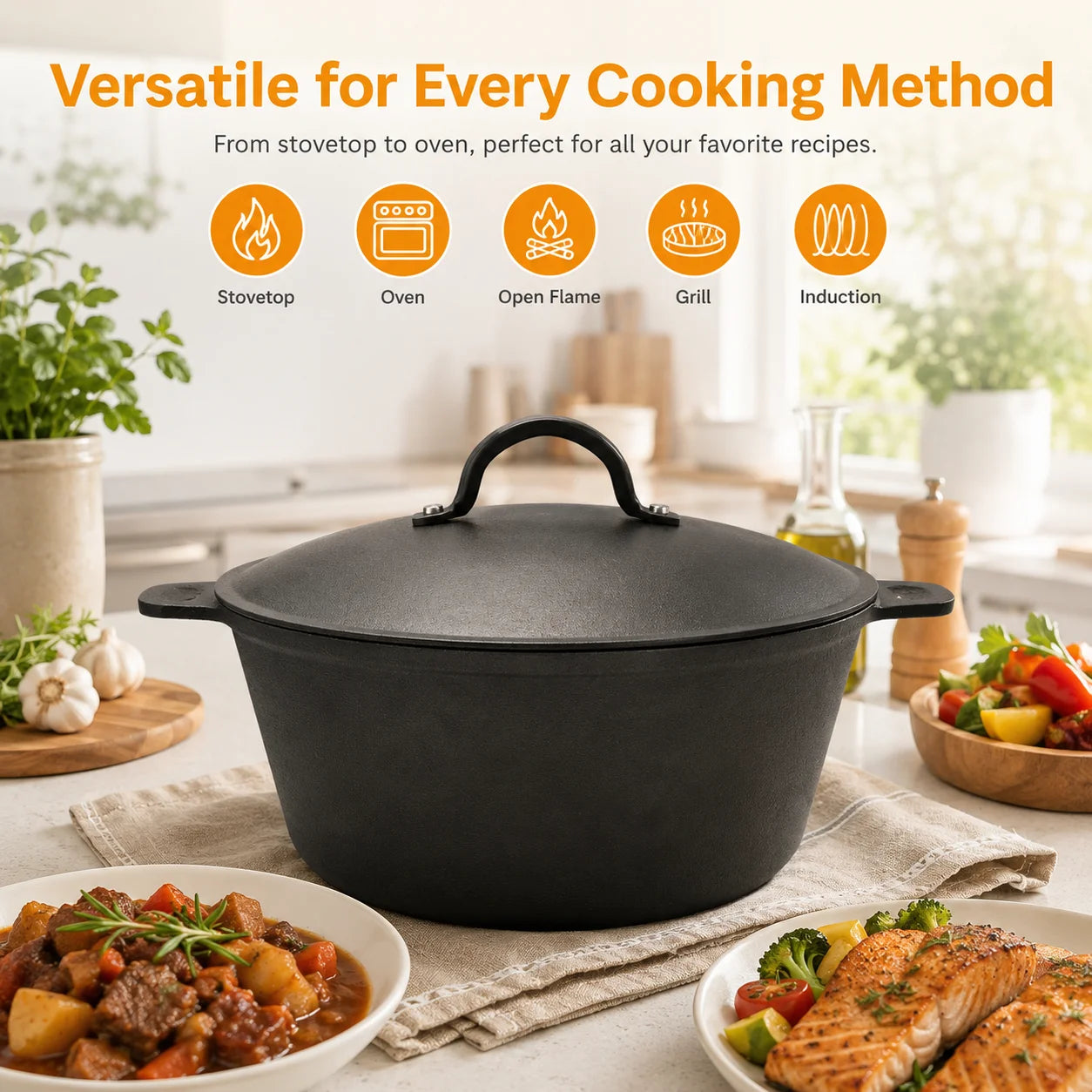 5.2 QT Pre-Seasoned Cast Iron Dutch Oven displaying its durable pre-seasoned surface for easy cooking.