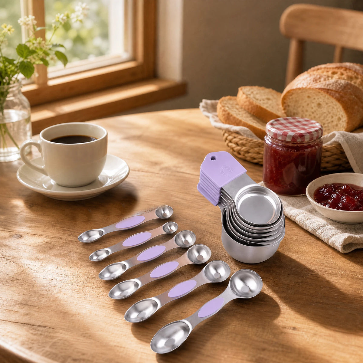 16-Piece Magnetic Measuring Cups and Spoons Set, 304 Stainless Steel with Purple Silicone Handles featuring magnetic measuring cups