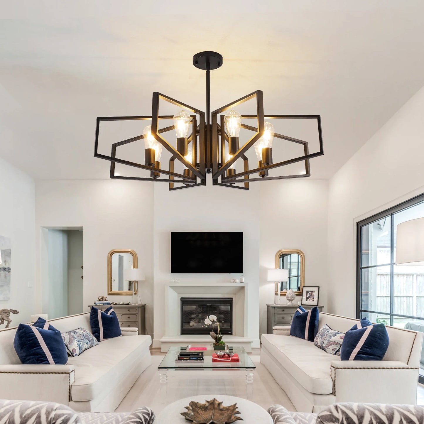Modern 8-Light Geometric Black Frame Chandelier w/Gold Accents