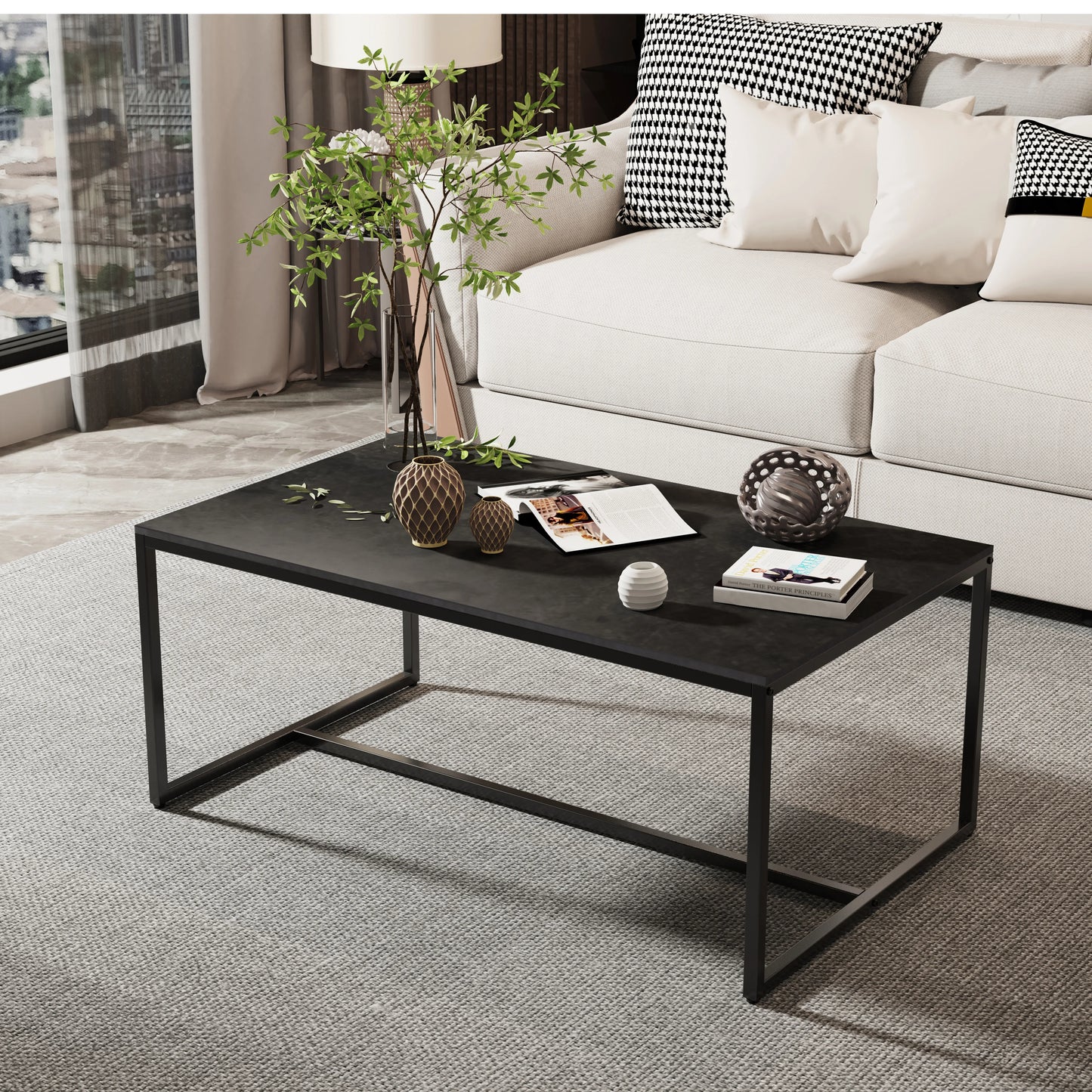 Rectangular Sintered Stone Coffee Table w/Black Metal Frame