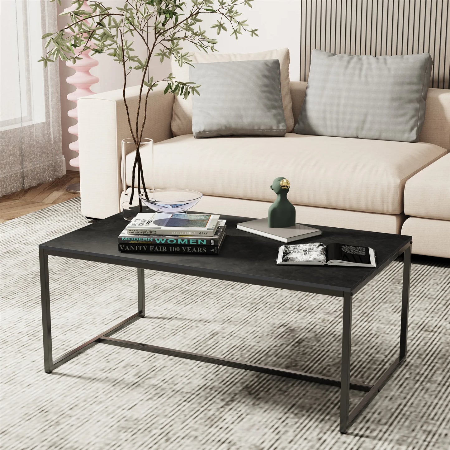 Rectangular Sintered Stone Coffee Table w/Black Metal Frame